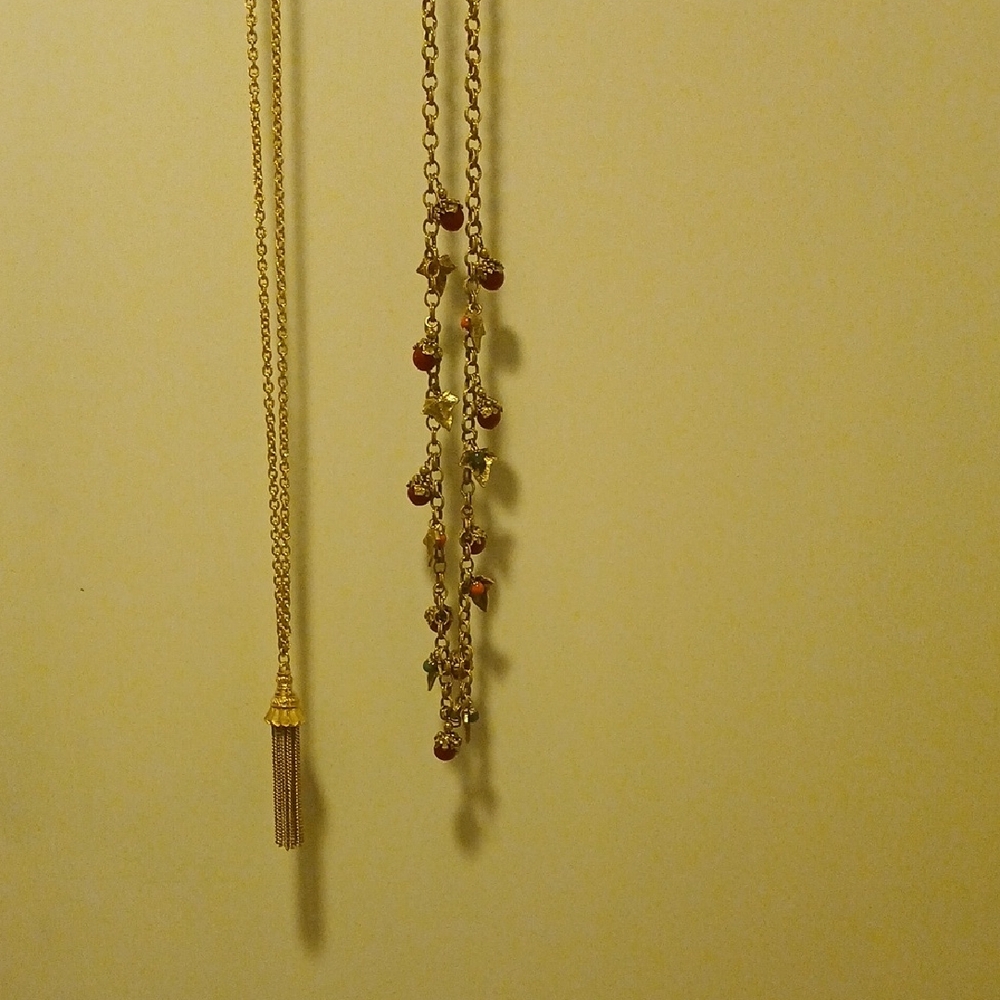 Two Vintage Heavy Chain Tassle And Fruit And Leaf Necklaces
